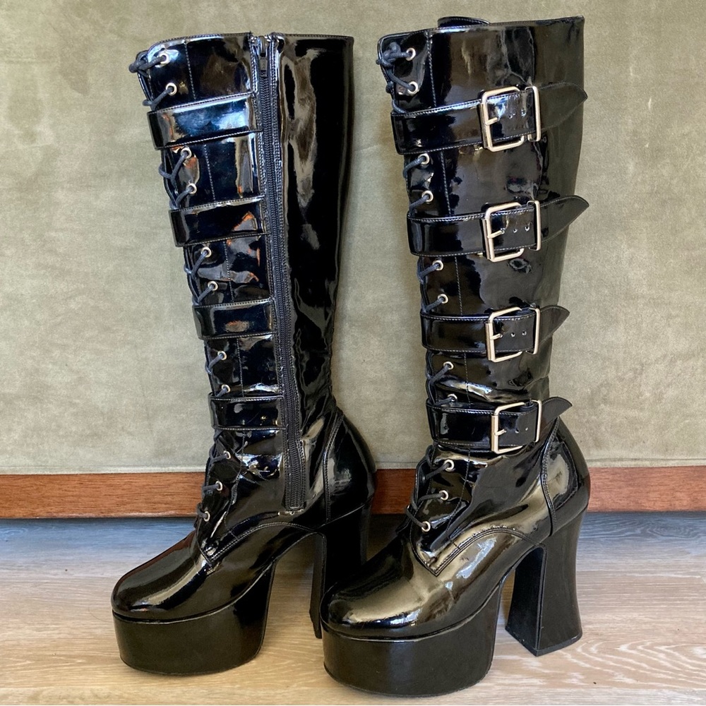 Demonia Knee High Goth Punk Chunky Platform Patent Buckle Boots